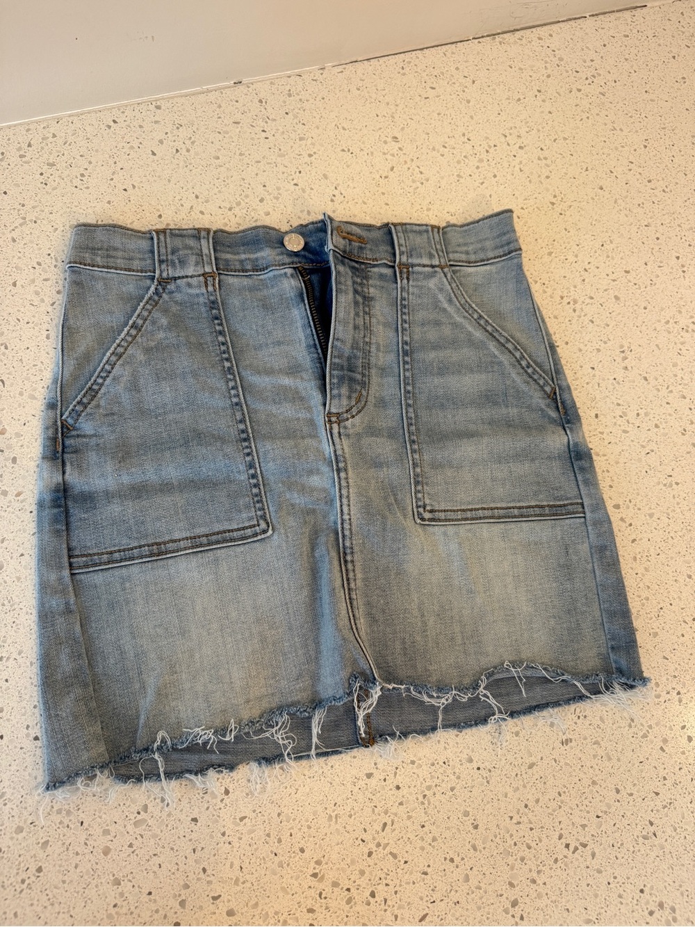 Light Blue Denim Mini Skirt with Front Patch Pockets